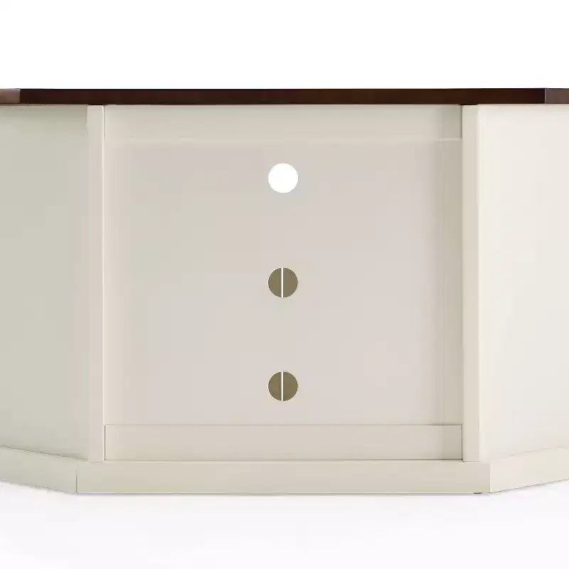 Meuble TV d’angle blanc pour téléviseurs jusqu’à 65, portes en verre biseauté, montage par une seule personne