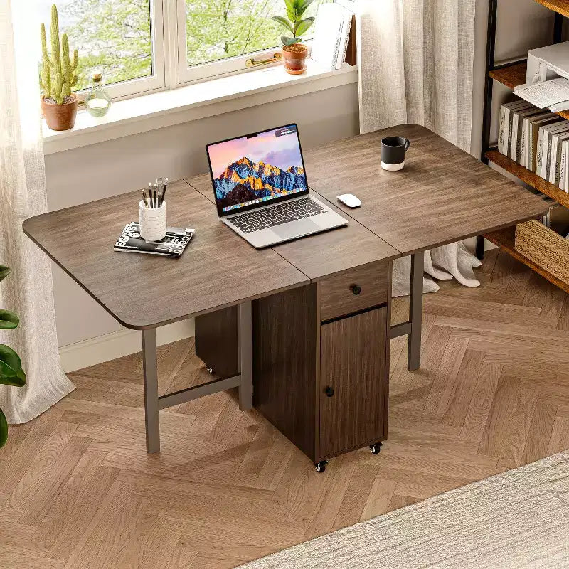 ATJafurn 59' inklapbare eettafel met uitklapbare bladen voor kleine ruimtes, rechthoekige uitschuifbare houten keukentafel met wielen en opbergruimte