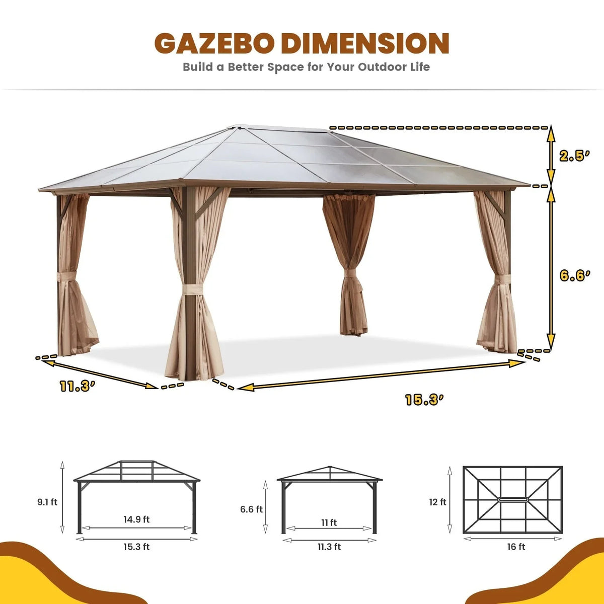 Gazebo EROMMY con tetto rigido, pergola da esterno con doppio tetto, rete e tende, copertura robusta per patio, giardino e feste in piscina