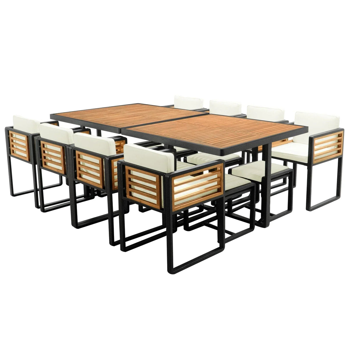 Eetset voor op het terras van acaciahout, 18-delig, met 8 stoelen met kussens, 8 ottomanen en 2 vierkante tafels