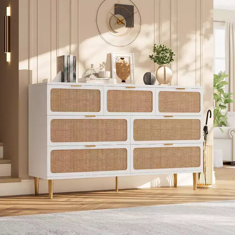 Commode en rotin à 7 tiroirs pour chambre, commode haute à tiroirs profonds, grand chiffonnier pour placard avec large plateau, commode en bois pour salon