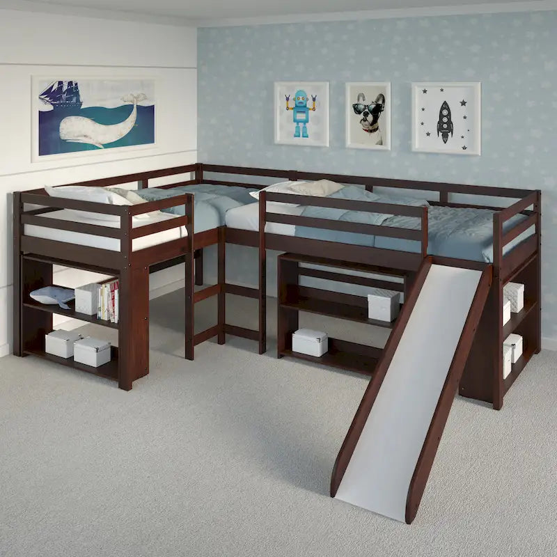 Ensemble de chambre mezzanine avec lits superposés doubles et toboggan en L, finition cappuccino foncé