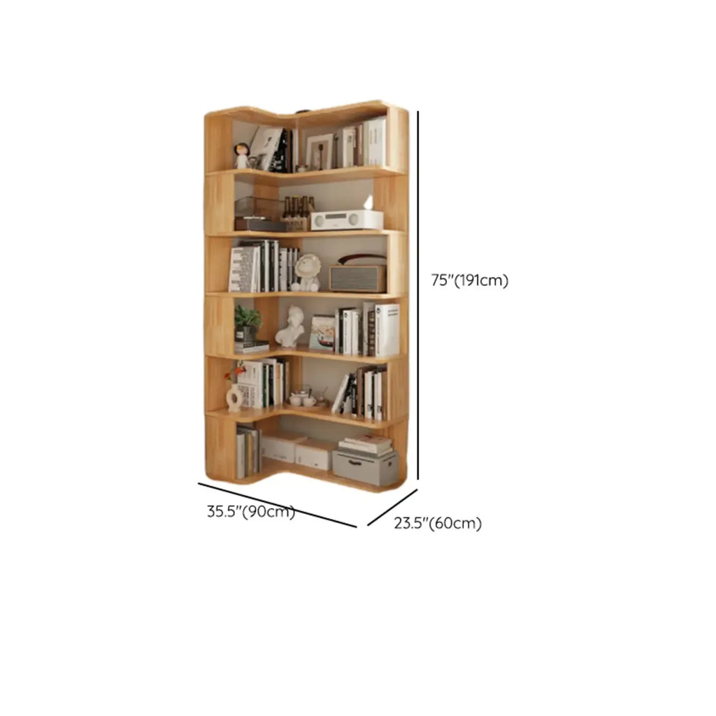 Bücherregal aus vertikalem Holz in L-Form mit offener Rückseite und natürlicher Oberfläche