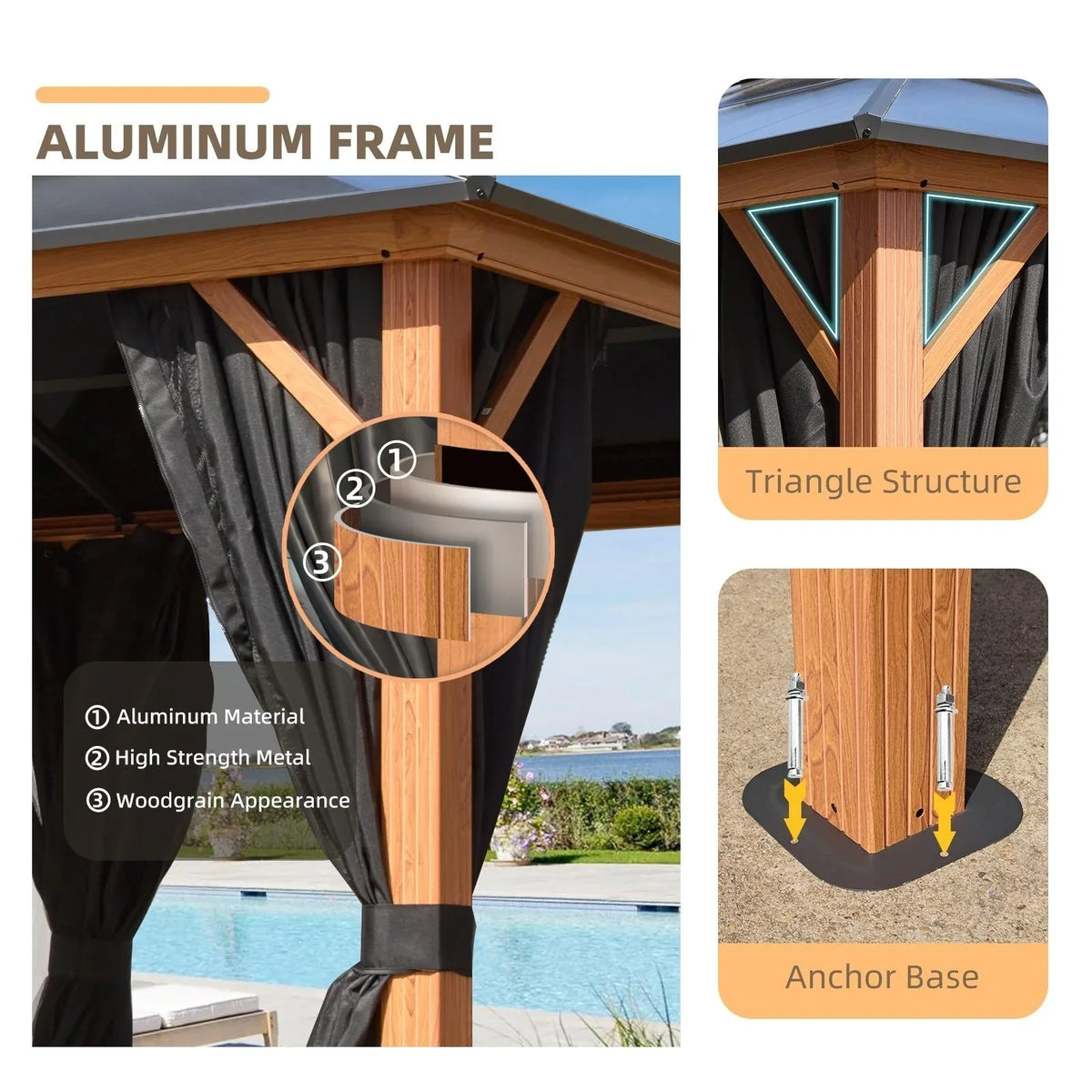Gazebo EROMMY con tetto rigido, pergola da esterno con doppio tetto, rete e tende, copertura robusta per patio, giardino e feste in piscina