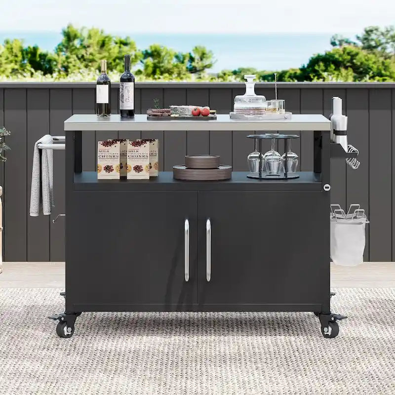 Outdoor-Kücheninsel mit Tischplatte aus Edelstahl, Metall-Grillwagen mit Aufbewahrungsschrank - N/A