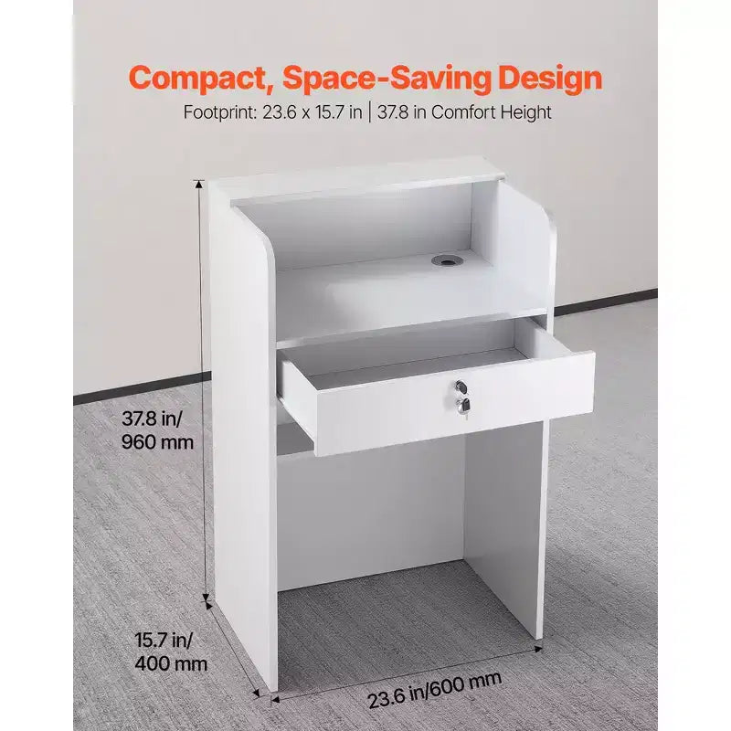 Bancone reception VEVOR, tavolo rettangolare da 23.6 pollici, moderno bancone reception da ufficio con cassetto, piccolo bancone minimalista per negozio, bianco