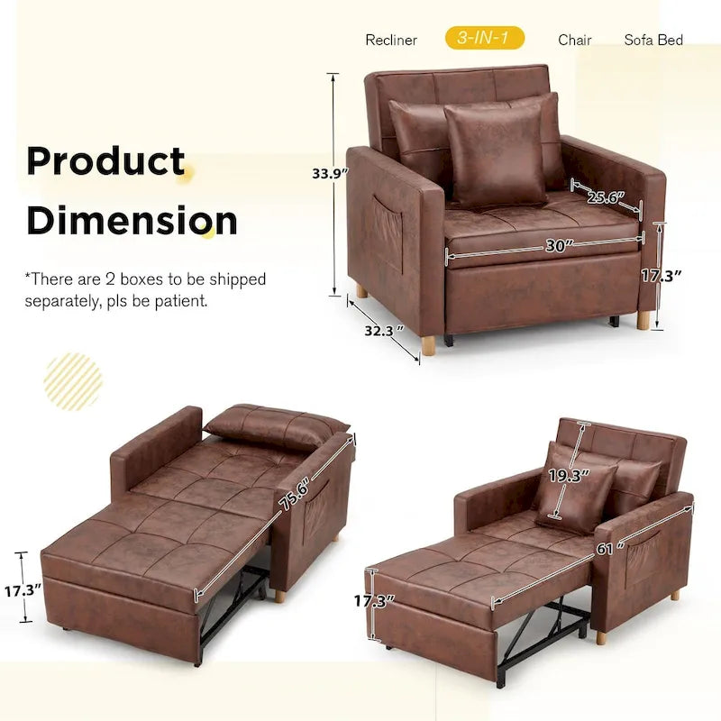 Fauteuil-lit réglable convertible 3-en-1, plusieurs couleurs, pour 1 personne