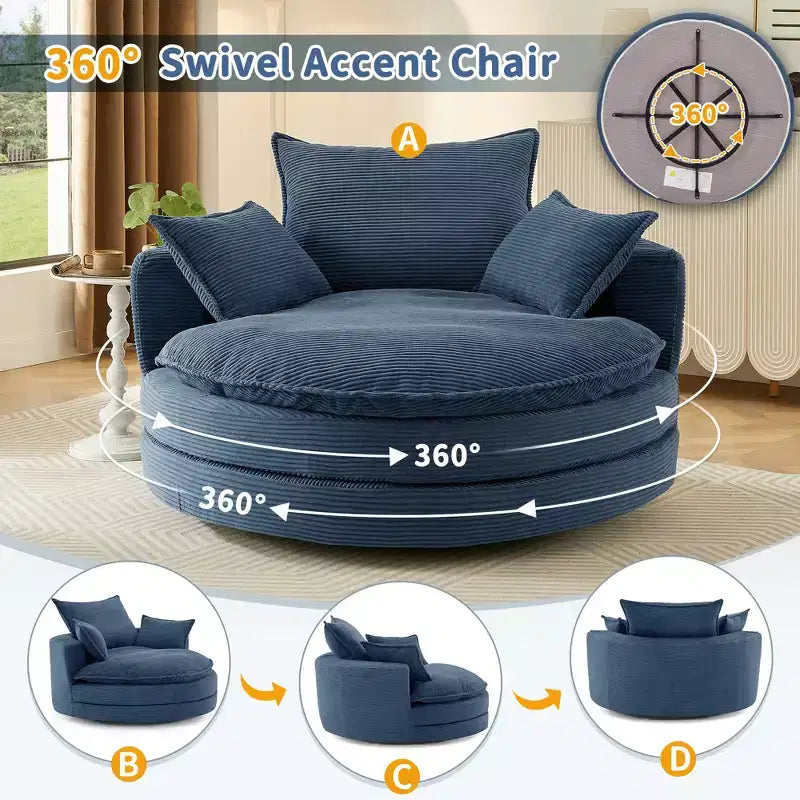 Fauteuil d’appoint pivotant à 360°, fauteuil tonneau rond pivotant avec coussin pour le salon
