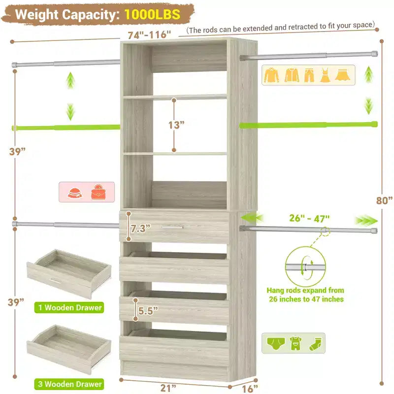 Système d'aménagement de dressing en bois Besiost de 4 à 9 pi avec 4 tiroirs, 4 tringles et des colonnes d'étagères