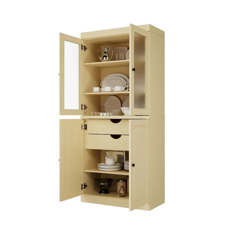 Credenza dispensa in legno massello al 100% con ante in vetro satinato, ante piene, 2 cassetti e ripiani regolabili
