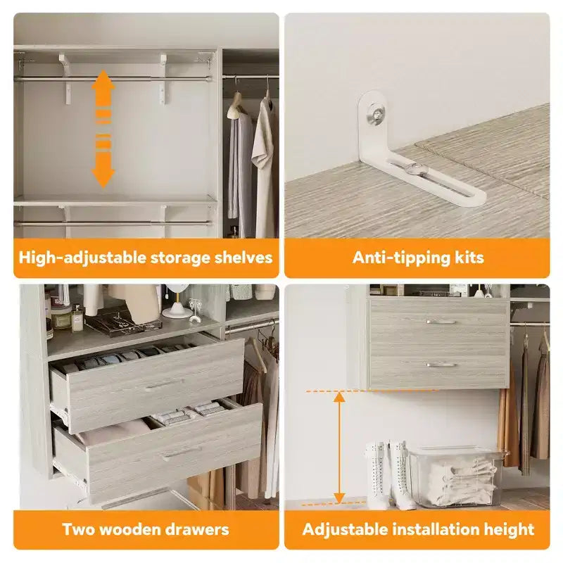 Sistema guardaroba indipendente Besiost con 8 aste appendiabiti e cassetti, organizer sospeso per armadio con 10 ripiani
