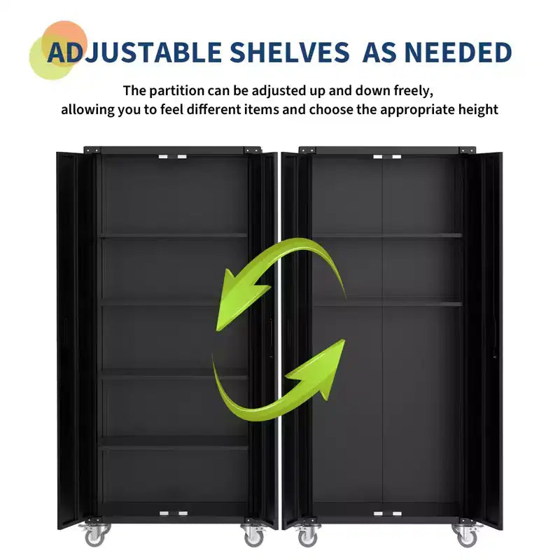 Armoire de rangement pour garage avec roulettes et panneau perforé, armoire métallique verrouillable de 72 H avec 2 portes et 4 étagères réglables pour atelier de garage