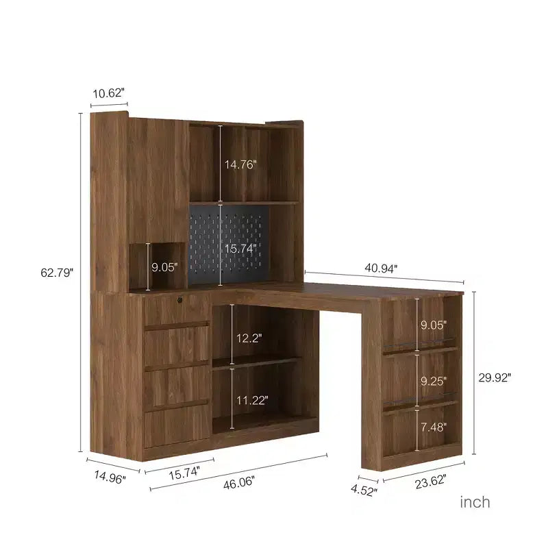 Hoekbureau van 46 inch in L-vorm met boekenplank en lades
