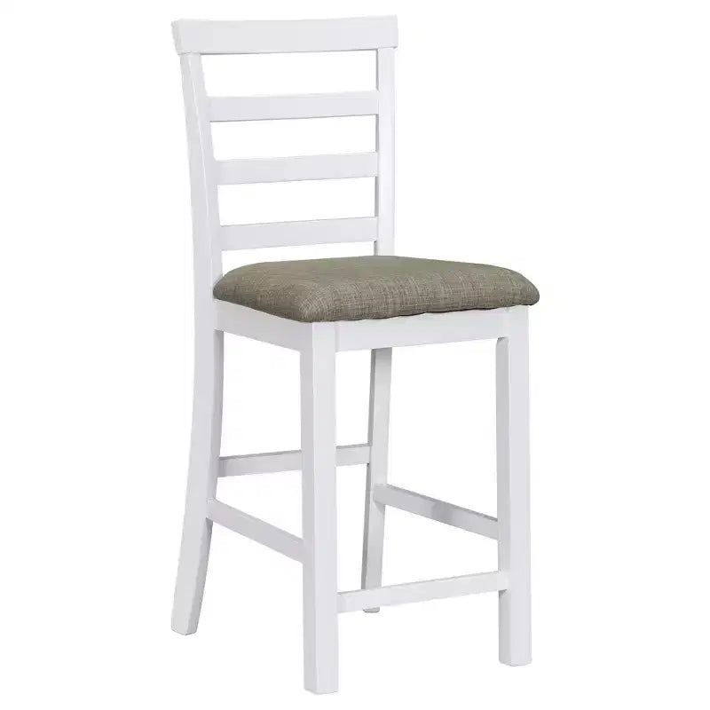 Eethoek in boerderijstijl met 5 delen en stoelen voor 4 personen op aanrechthoogte, rechthoekige houten tafel met opbergplanken en wijnvak