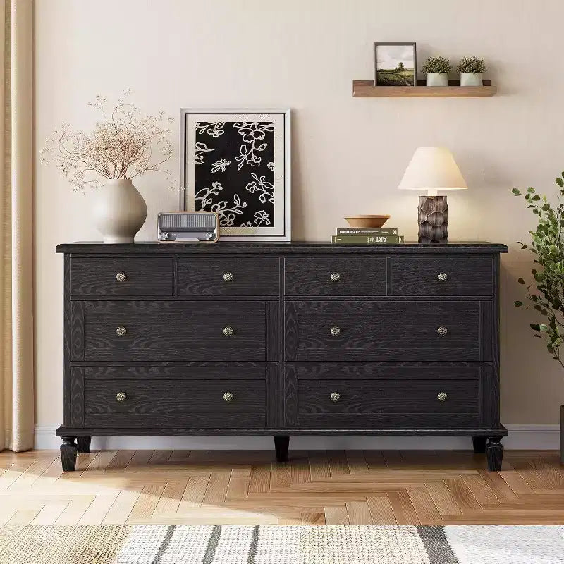 Commode de chambre à coucher à 8 tiroirs, meuble TV vintage de 59 avec poignées sculptées et pieds fuselés, commode en bois offrant un grand espace de rangement