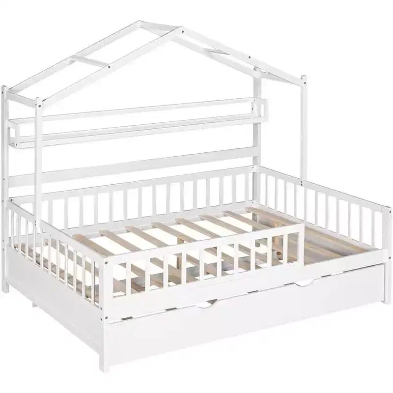Acekool Hausbettgestell in Doppelbettgröße mit ausziehbarem Einzelbett, Schubladen und Ablagen, Dach und Zaun, Kinder-Platformbett, weiß