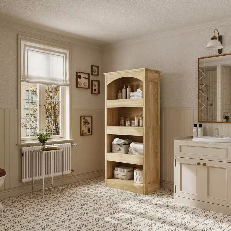 Mobile contenitore da bagno in legno con ripiani e cassetto organizer per articoli da toilette