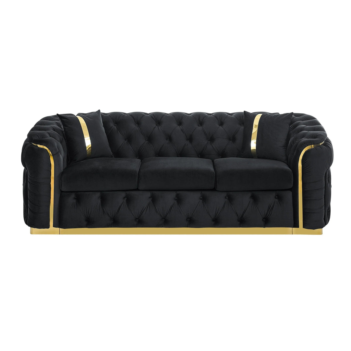 Fluwelen 3-zitsbank van 90.6 met 2 kussens, hoogdichte vulling, gouden accenten en kussens