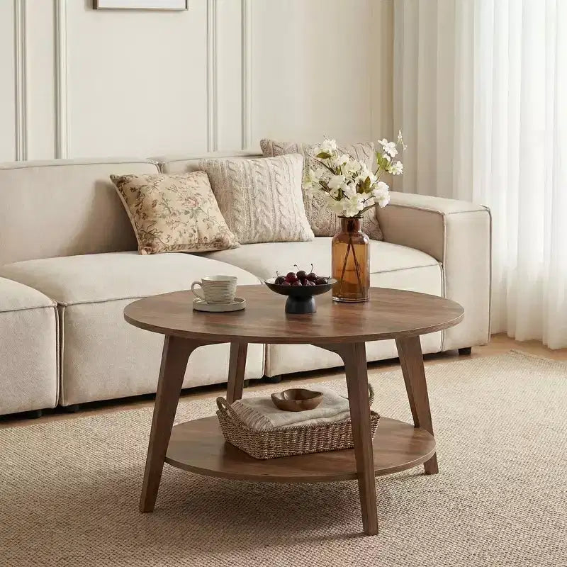 Runder Couchtisch in Honigbraun mit 2 Ablageebenen, Maße 31.5 x 17.7 Inches, ideal fürs Wohnzimmer