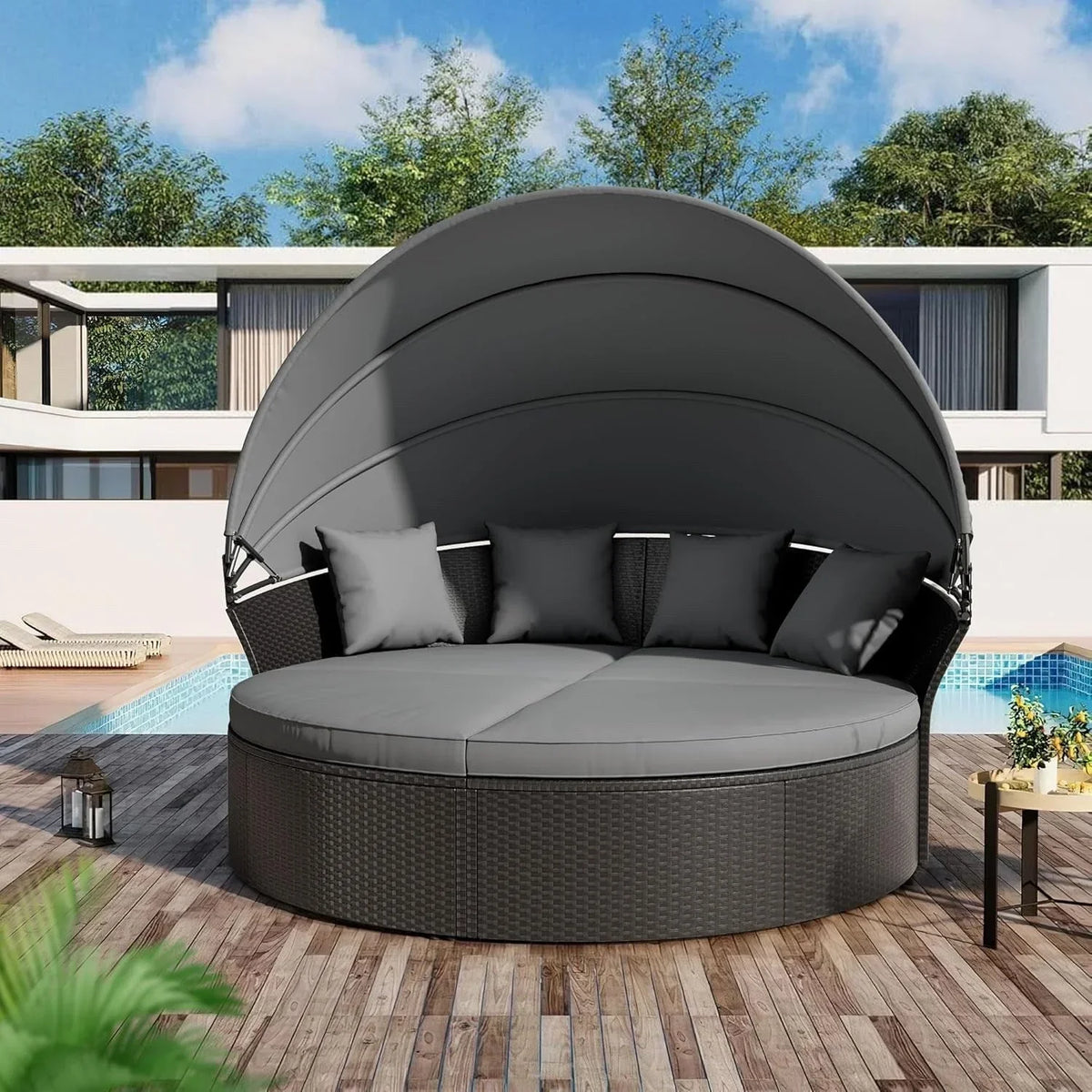 Salon de jardin Nuon 4 pièces/5 pièces avec méridienne en résine tressée et auvent, par Havenside Home