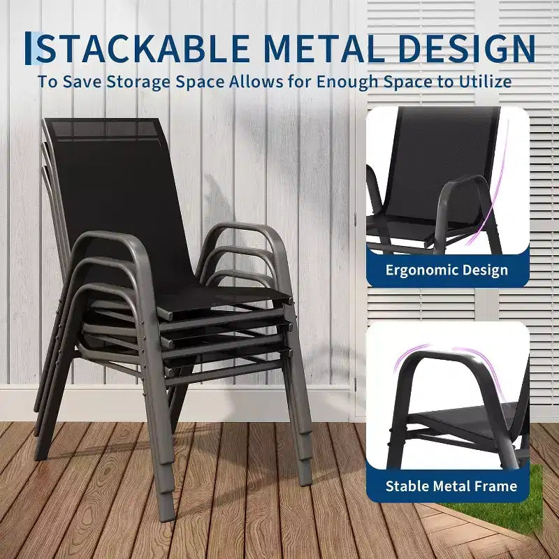 Chaises de patio, lot de 4/6 chaises de repas d’extérieur empilables et légères en textilène, toutes saisons, avec accoudoirs, pour la cour et le bord de la piscine