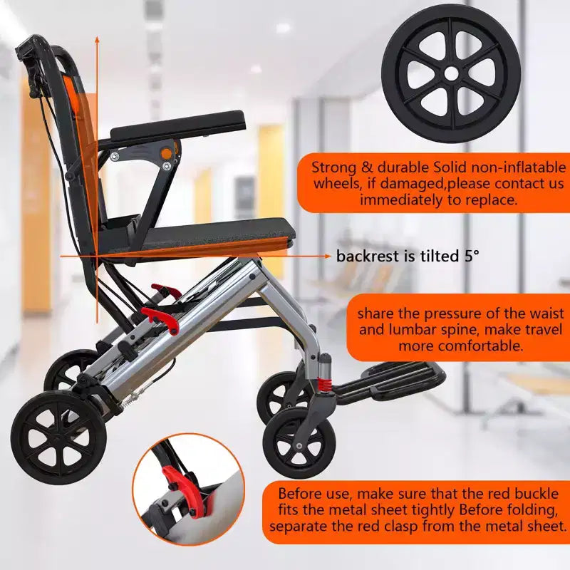 Fauteuil roulant de transport ultra léger pour personnes âgées, pliable et portable, avec frein à main verrouillable et accoudoirs rabattables amovibles