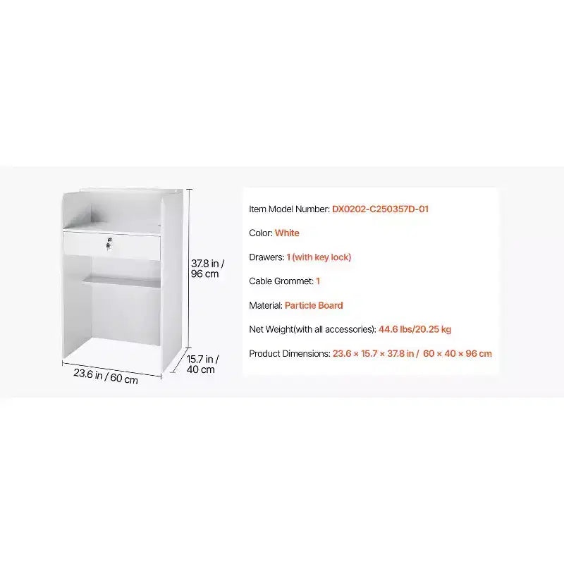 Bancone reception VEVOR, tavolo rettangolare da 23.6 pollici, moderno bancone reception da ufficio con cassetto, piccolo bancone minimalista per negozio, bianco
