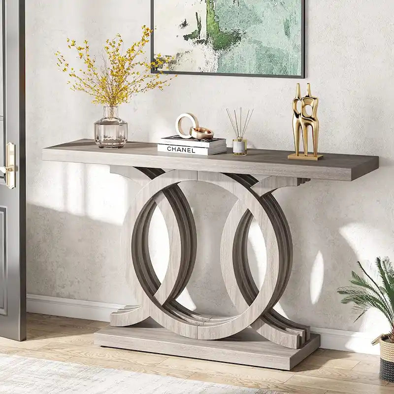 Table console vintage en bois pour couloir, avec piètement géométrique