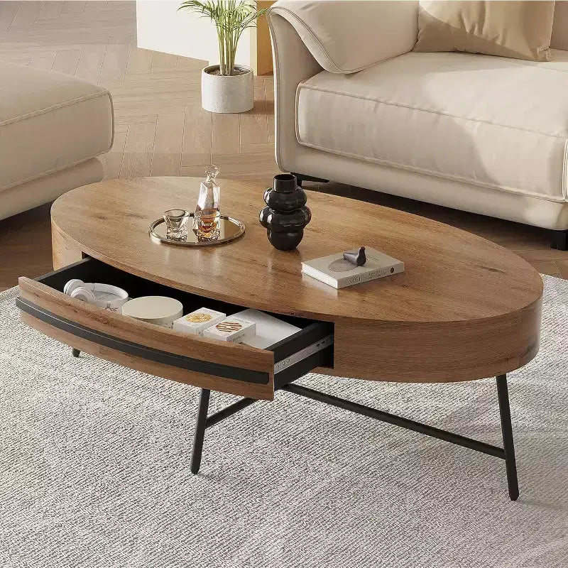 Table basse ovale Acekool avec tiroir, table de rangement en bois de 47.2 avec pieds croisés en métal, table centrale moderne du milieu du siècle en finition saule naturel et doré