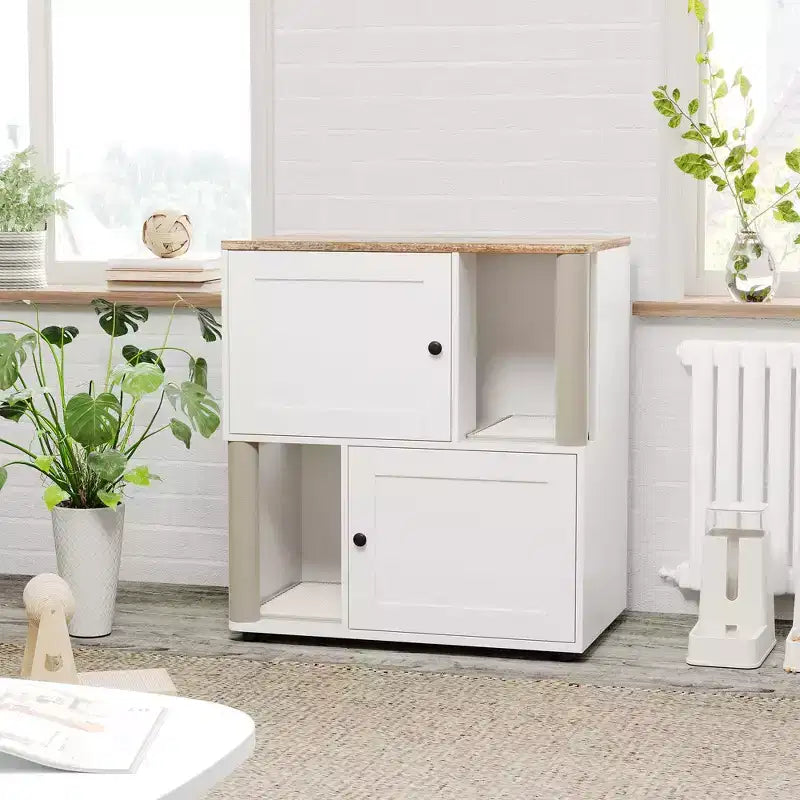 Katzentoiletten-Schrank mit zwei Bereichen, verstecktes geschlossenes Möbelstück für Katzentoiletten mit Kratzsäulen und doppellagigen Katzenstreumatten, Haustierhaus für den Innenbereich