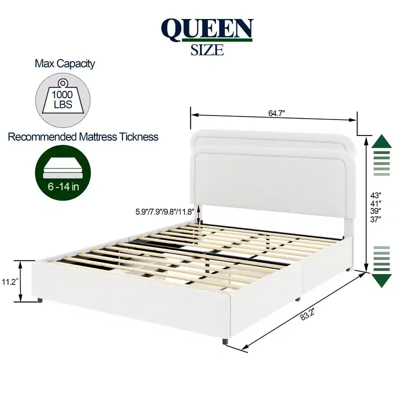 Lit moderne grand format queen en tissu bouclé avec tiroirs de rangement