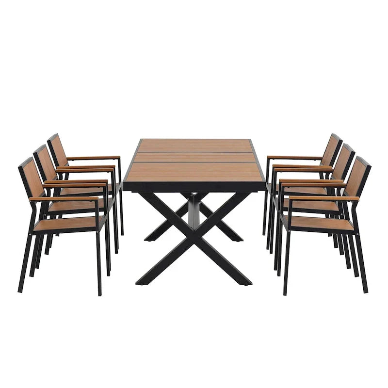 7-teiliges ausziehbares Outdoor-Essset mit ausziehbarem Tisch und 6 Armlehnstühlen