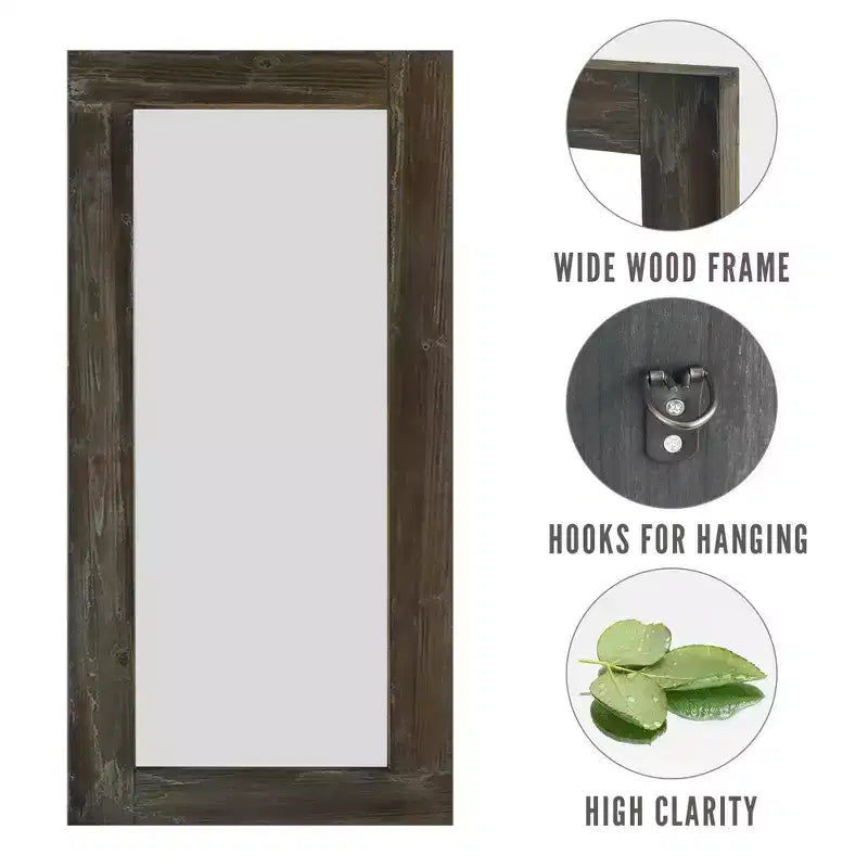 Miroir pleine longueur rectangulaire à angle droit en bois massif brun usé, 71x31 pouces (sans support)