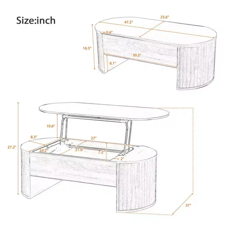 Salontafel van 47.2'' met hefbaar blad, ovale houten middentafel met verborgen opbergruimte, moderne cocktailtafel voor woonkamer, slaapkamer en kantoor