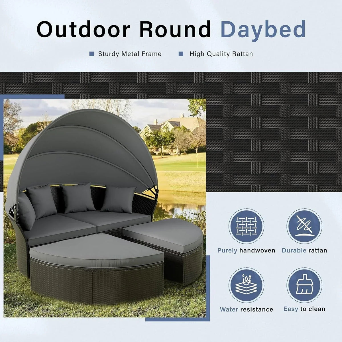 Salon de jardin Nuon 4 pièces/5 pièces avec méridienne en résine tressée et auvent, par Havenside Home