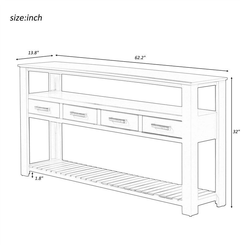 Longue table console pour entrée et canapé avec tiroirs, table console de style rustique en bois avec 4 tiroirs et 2 étagères