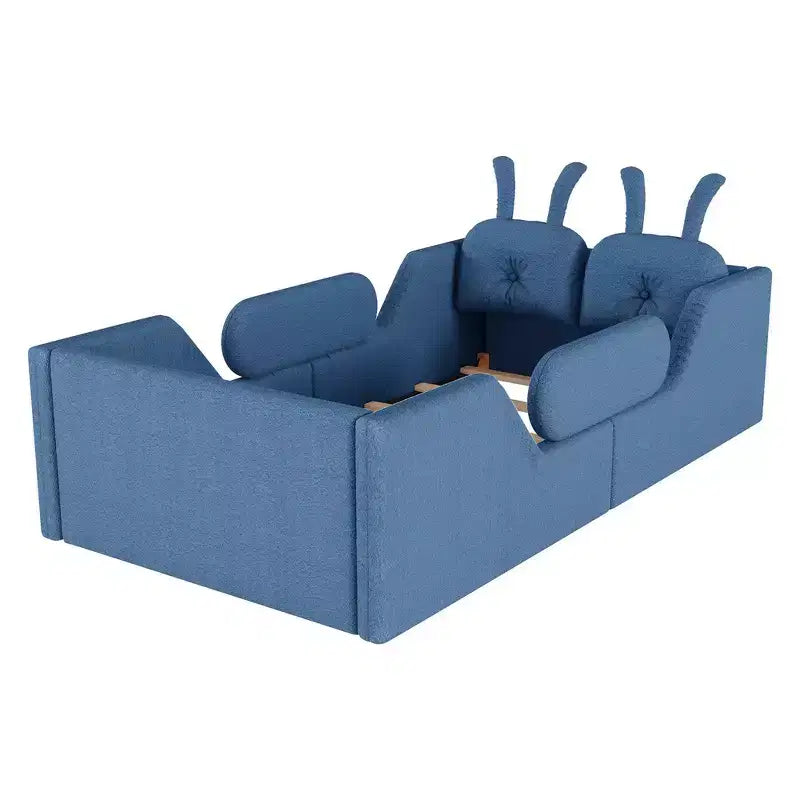 Lit plateforme simple Whisen, cadre de lit rembourré pour enfant au ras du sol avec coussin lapin et barrières latérales amovibles