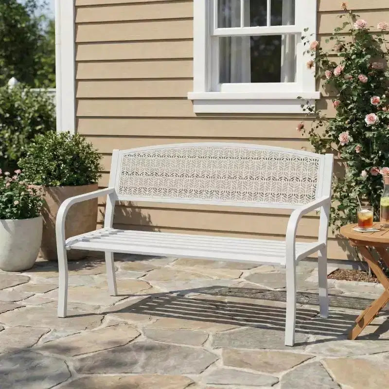Panchina da esterno in metallo per 2 persone, panca in acciaio con schienale geometrico per patio, giardino e veranda