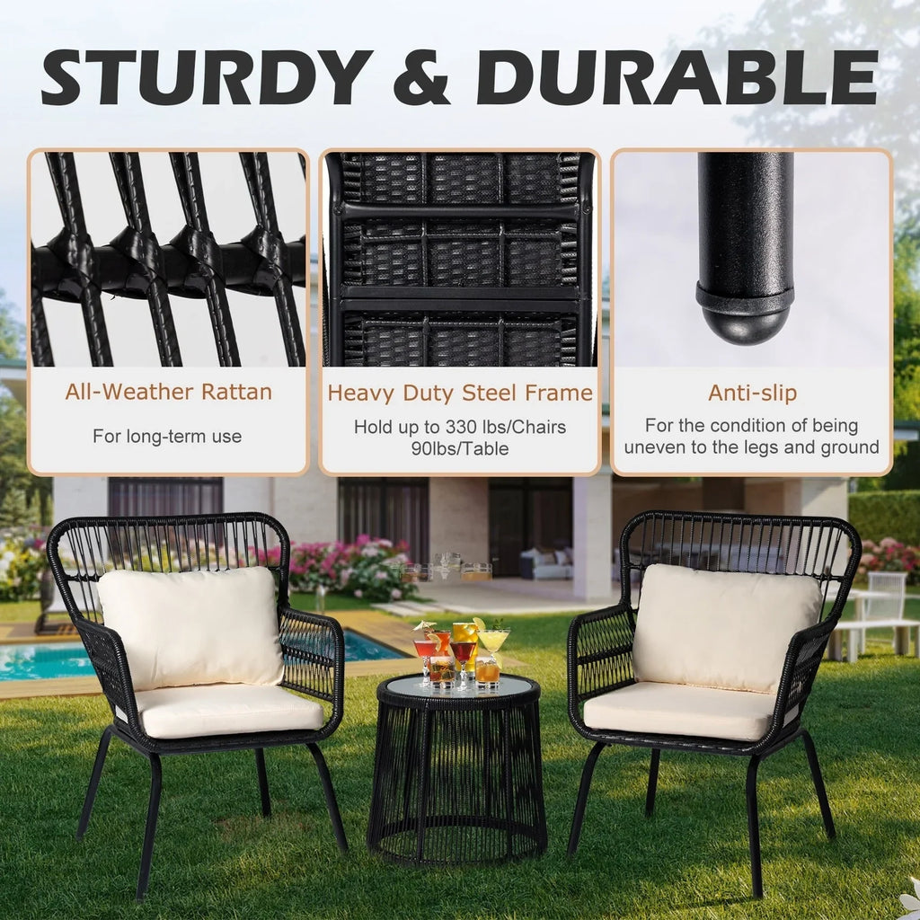 Ensemble bistro de jardin en osier de 3 pièces, ensemble de fauteuils de patio en rotin toutes saisons avec coussins