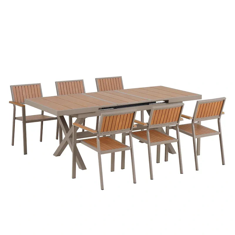 7-teiliges ausziehbares Outdoor-Essset mit ausziehbarem Tisch und 6 Armlehnstühlen