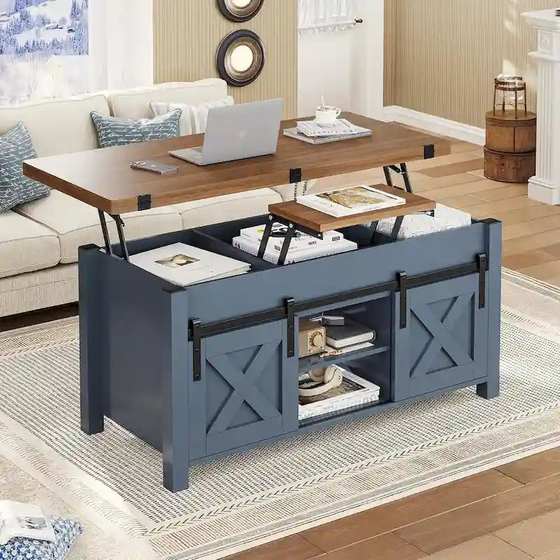 Table basse relevable avec 2 portes coulissantes de style grange, rangement et table à manger