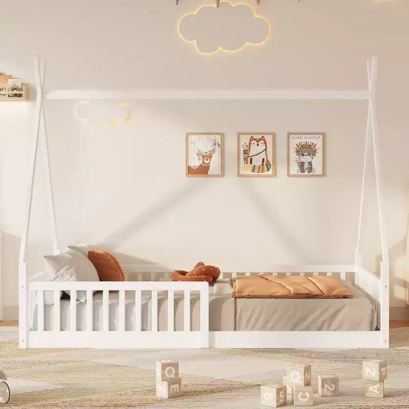 Vloerbed voor kinderen, tentbedden in eenpersoonsformaat, Montessori-vloerbed met latten en hekwerk, houten huisbedframe voor jongens en meisjes