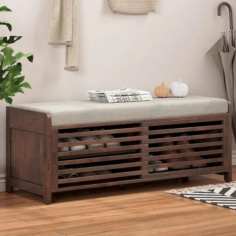 43.30-Zoll-Sitzbank aus Massivholz mit Stauraum und modernen Lamellentüren im Used-Look