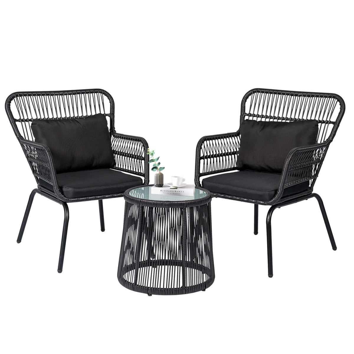 Ensemble bistro de jardin en osier de 3 pièces, ensemble de fauteuils de patio en rotin toutes saisons avec coussins