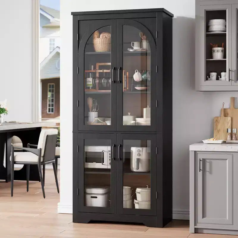 70 hohe Küchenvorratsschrank, moderner Vitrinenschrank mit 4 gewölbten Glastüren und verstellbaren Einlegeböden, für Küche, Wohnzimmer, Esszimmer und Badezimmer