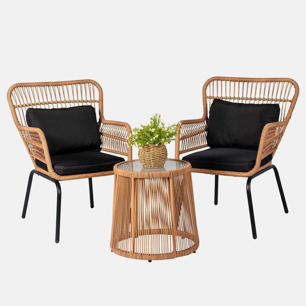 Ensemble bistro de jardin en osier de 3 pièces, ensemble de fauteuils de patio en rotin toutes saisons avec coussins