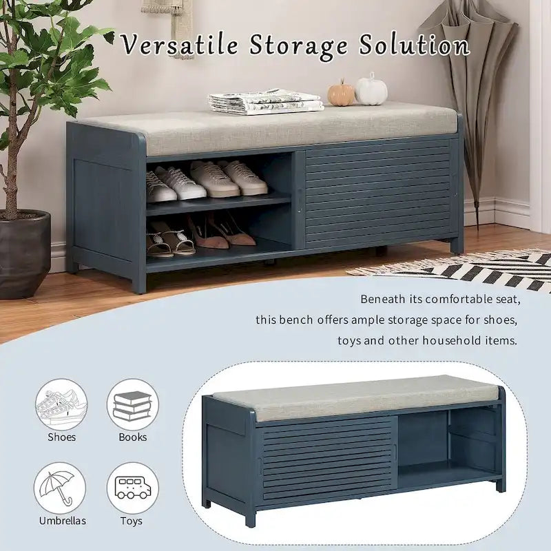 Banc de rangement en bois massif de 43.30 pouces avec persiennes vieillies contemporaines