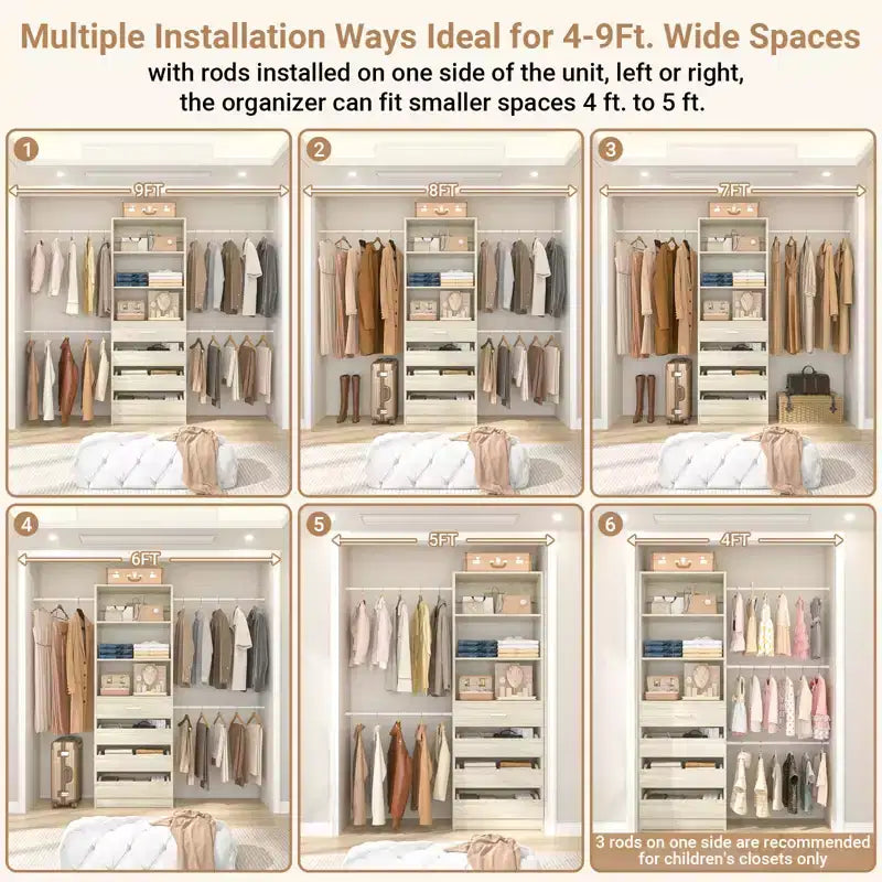 Système d'aménagement de dressing en bois Besiost de 4 à 9 pi avec 4 tiroirs, 4 tringles et des colonnes d'étagères