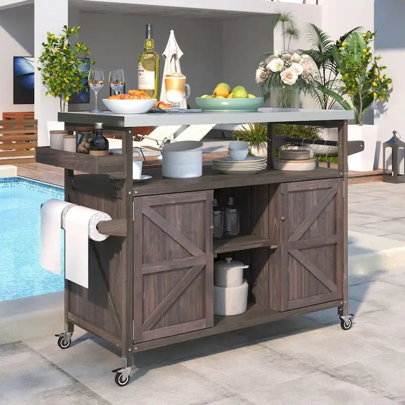 Isola da cucina per esterni, carrello bar su ruote e mobile contenitore, tavolo per griglia in legno massello con piano in acciaio inossidabile, portaspezie, portasciugamani
