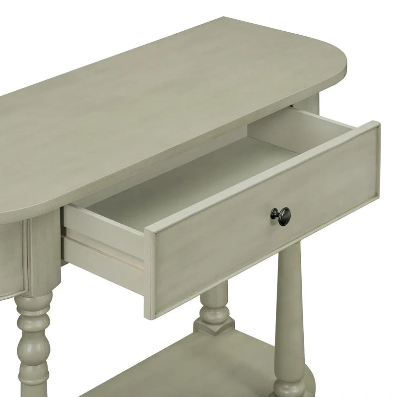Schmaler Konsolentisch im Retro-Stil mit abgerundeten Ecken, oberer Schublade und offenem Regal